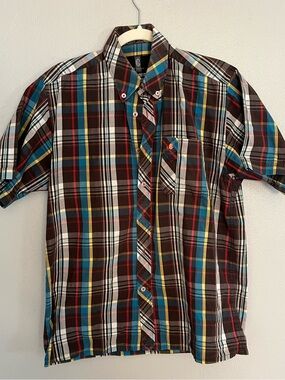 Collezione Plaid Button Front Shirt Brown Blue Short Sleeve Men’s Medium